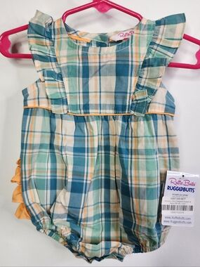 Ruffle Butts Plaid Flutter Bubble Romper in Teal, Mint & Cream, Orange 0-3m